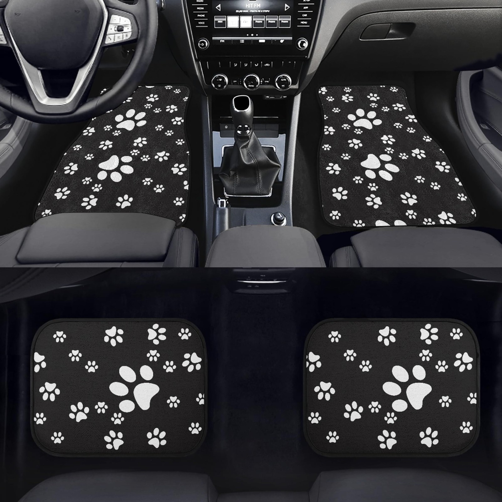 Paw Print Car Mats Set of 4 Abstract Dog Footprints White Paws on Black Backg…