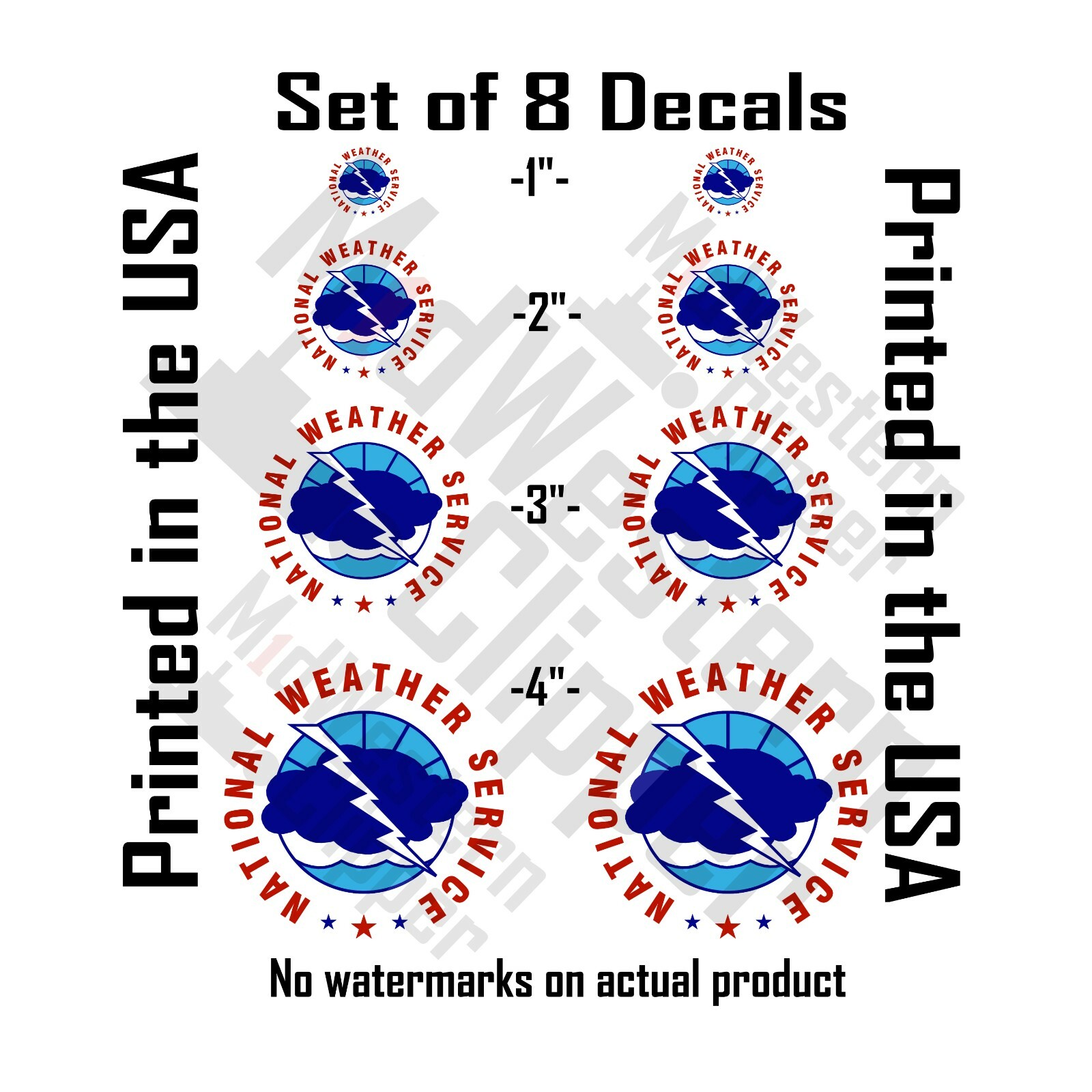 8 National Weather Service decals. 2×1"+2"+3"+4" stickers. US NWS Roundel