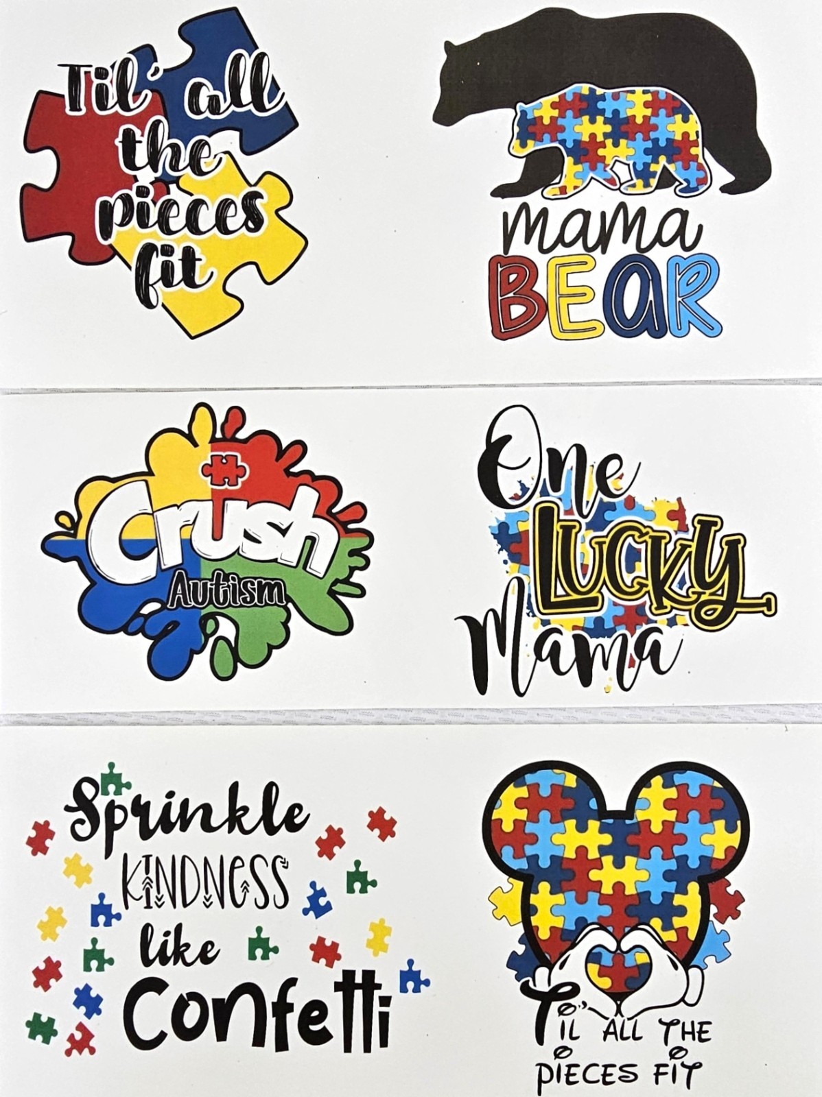 12 AUTISM THEME Mom Rosie, Mama Bear, Mickey Ears Waterslide Transfer Decals