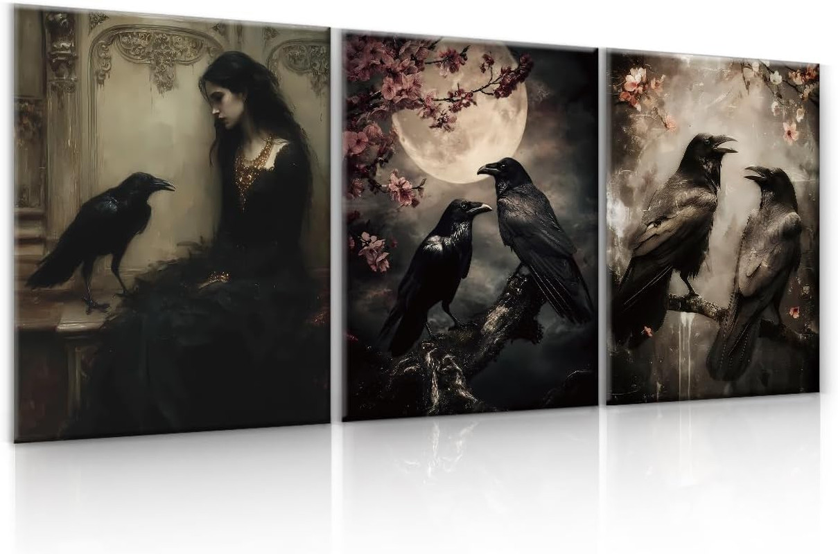 3Pcs Gothic Raven Halloween Wall Art Prints Creepy Dark Moody Crow Posters Artwo