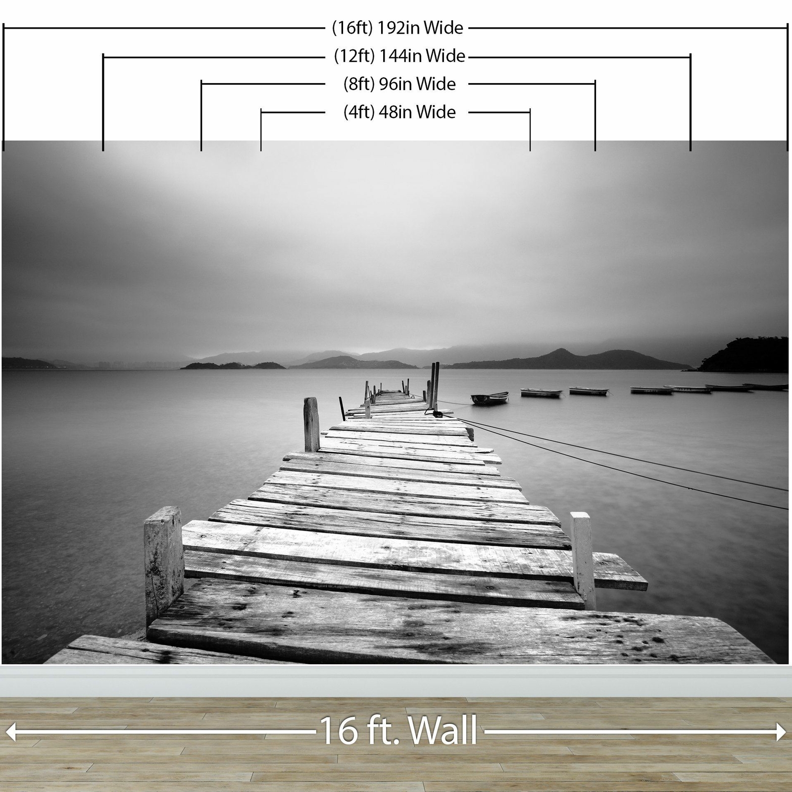 Misty Lake View Boat on Pier Black and White Mural Wall Decal Sticker #6143