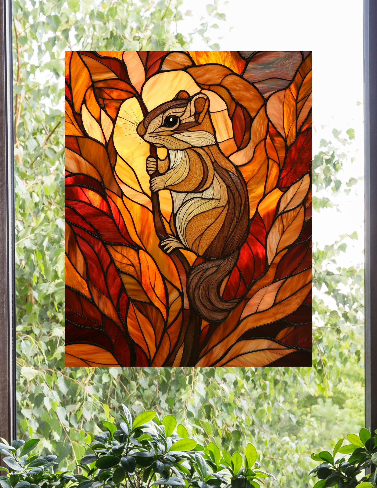 Chipmunk Faux Stained-Glass WINDOW CLING Sun-catcher Size 10.2" Vinyl