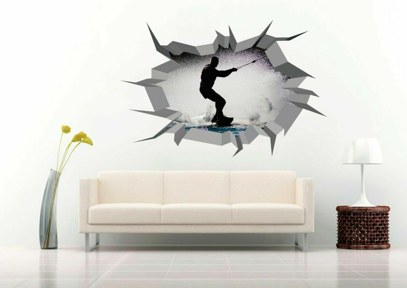 Wakeboarding 3D Crack Hole Wall Decal Removable Vinyl Sticker Mural Art Decor