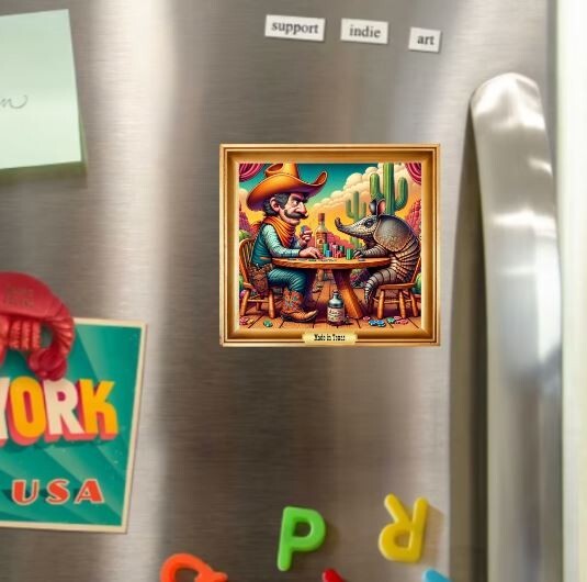 Texas Original Art Cowboy Armadillo Poker Game Die Cut Glossy Fridge Magnet