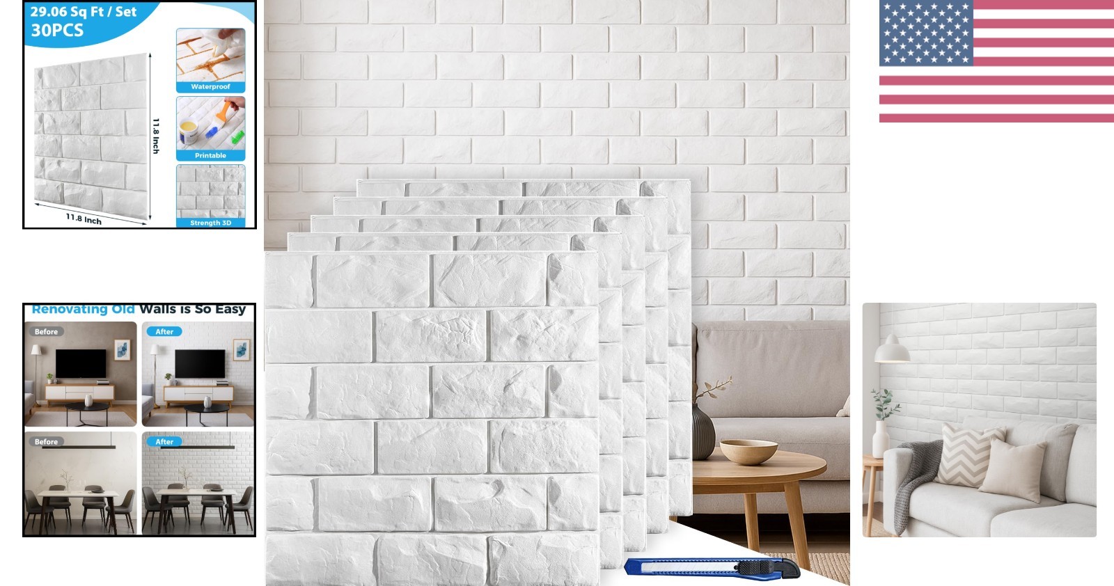 30 Pcs 3D Wall Panels, White Brick Printable 3D Wallpaper Stick and Peel, Sel…
