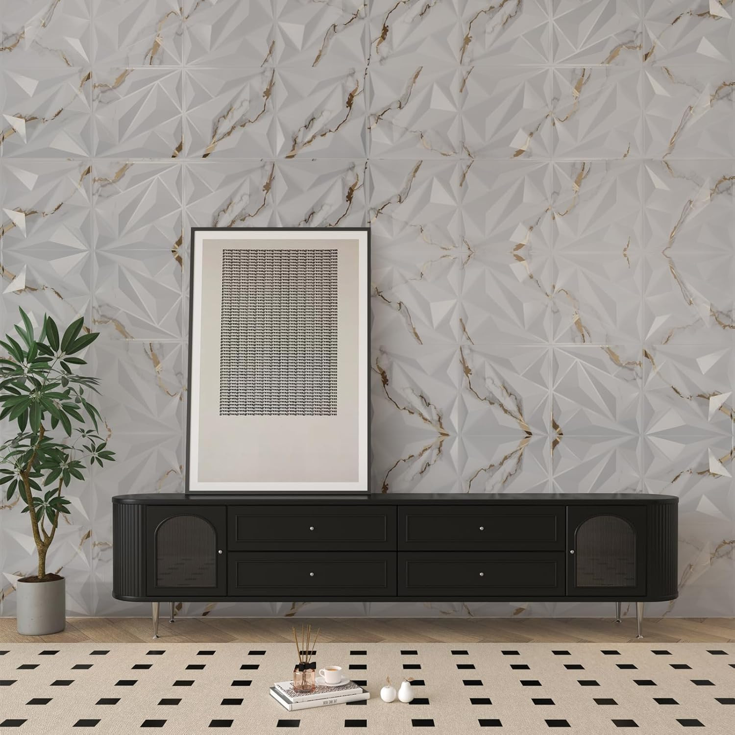 33 Pack 3D Diamond Wall Panels – Gold Veined White PVC Décor, 32 Sq.Ft.