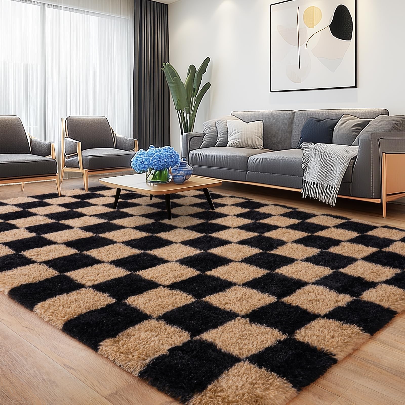 Checkered Rug for Bedroom 5×7, Ultra Soft Plush Modern Area Rug Non-Slip Carp…