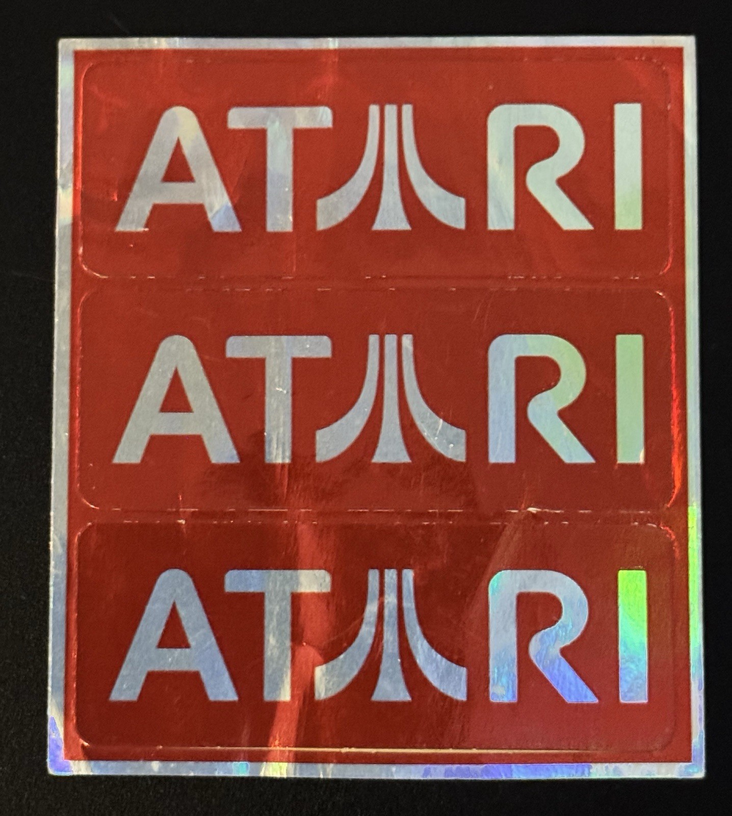 ATARI Red Classic Logo Stickers * Vintage set of 3* Holographic Metallic 3" × 1”