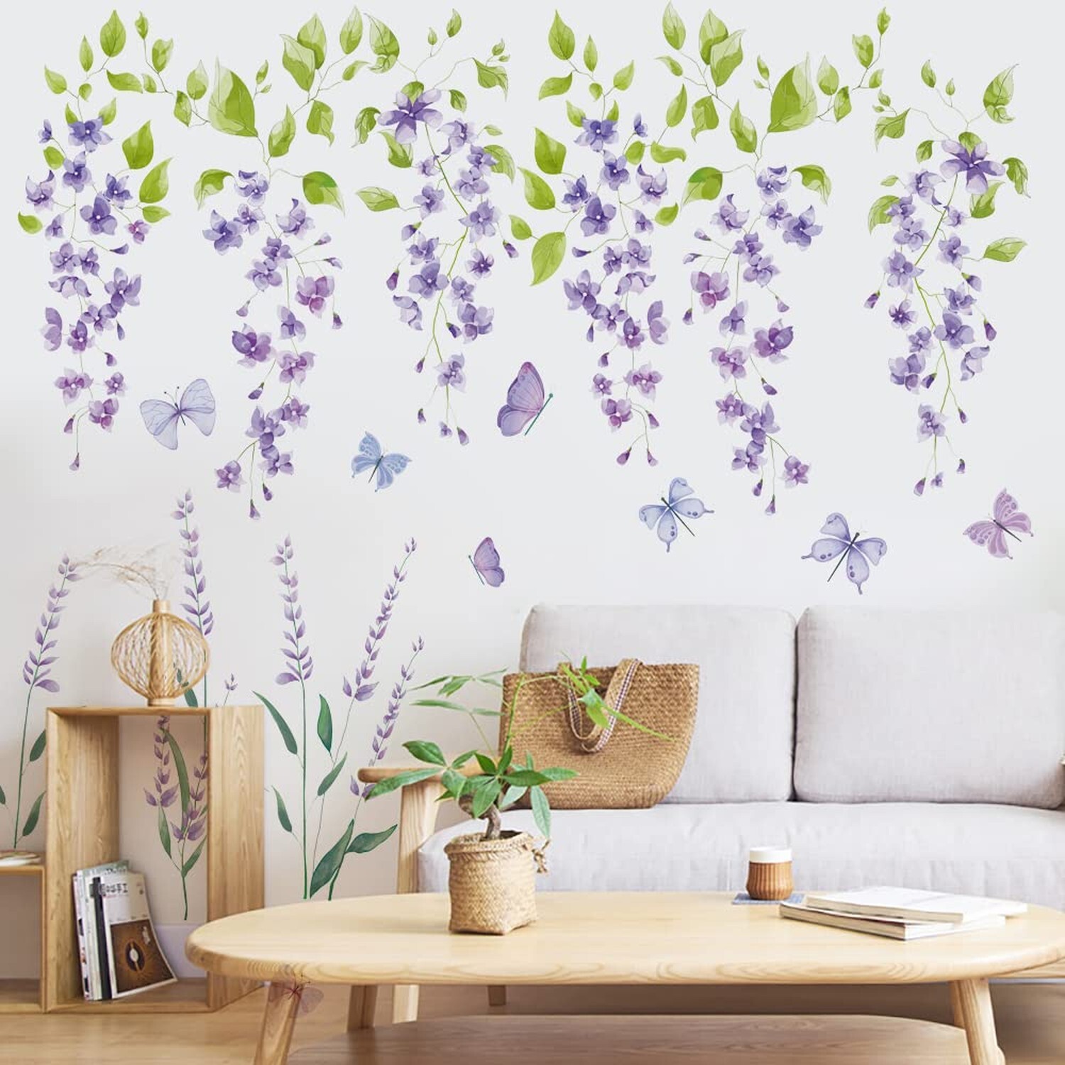 Runtoo Purple Flower Butterfly Wall Decals Hanging Lavender Floral Wall Stick…