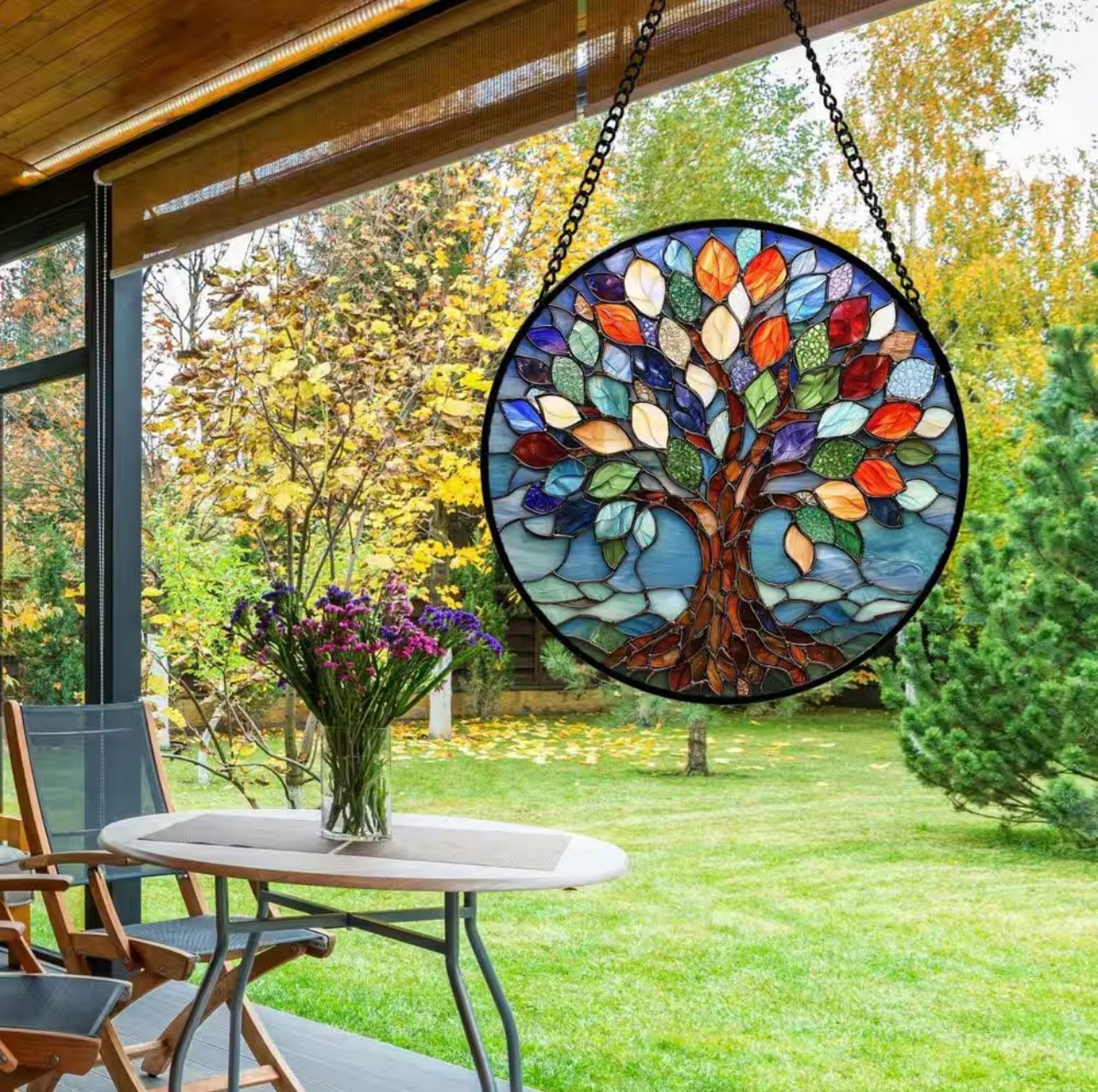 10 in. Stained Glass Sun Catcher, Blue Tree of Life Window Hanging