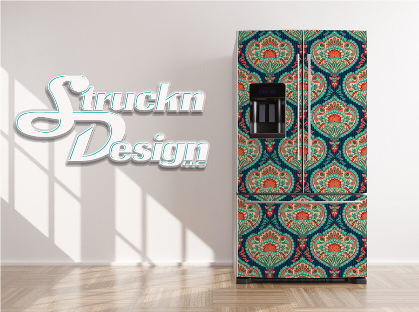 Vintage Cyan Pattern Floral Design Fridge Freezer Wrap Side Door Vinyl Decal