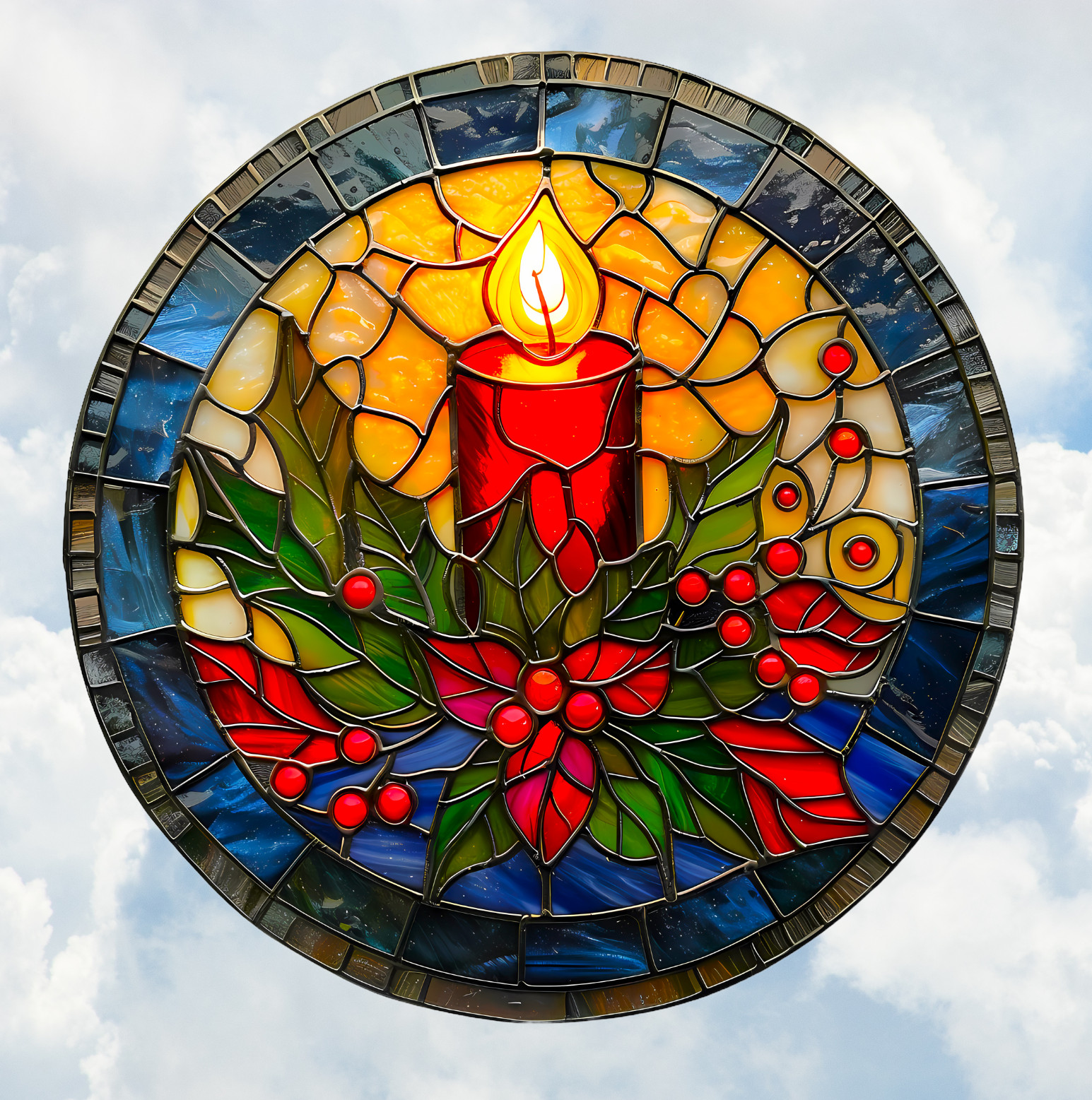 Christmas Candle & Holly Faux Stained Glass WINDOW CLING Size 8" Round Vinyl