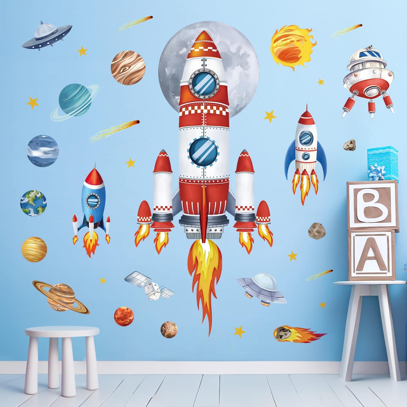 Outer Space Rockets Wall Decals Planets Stars Solar System Wall Stickers Baby…