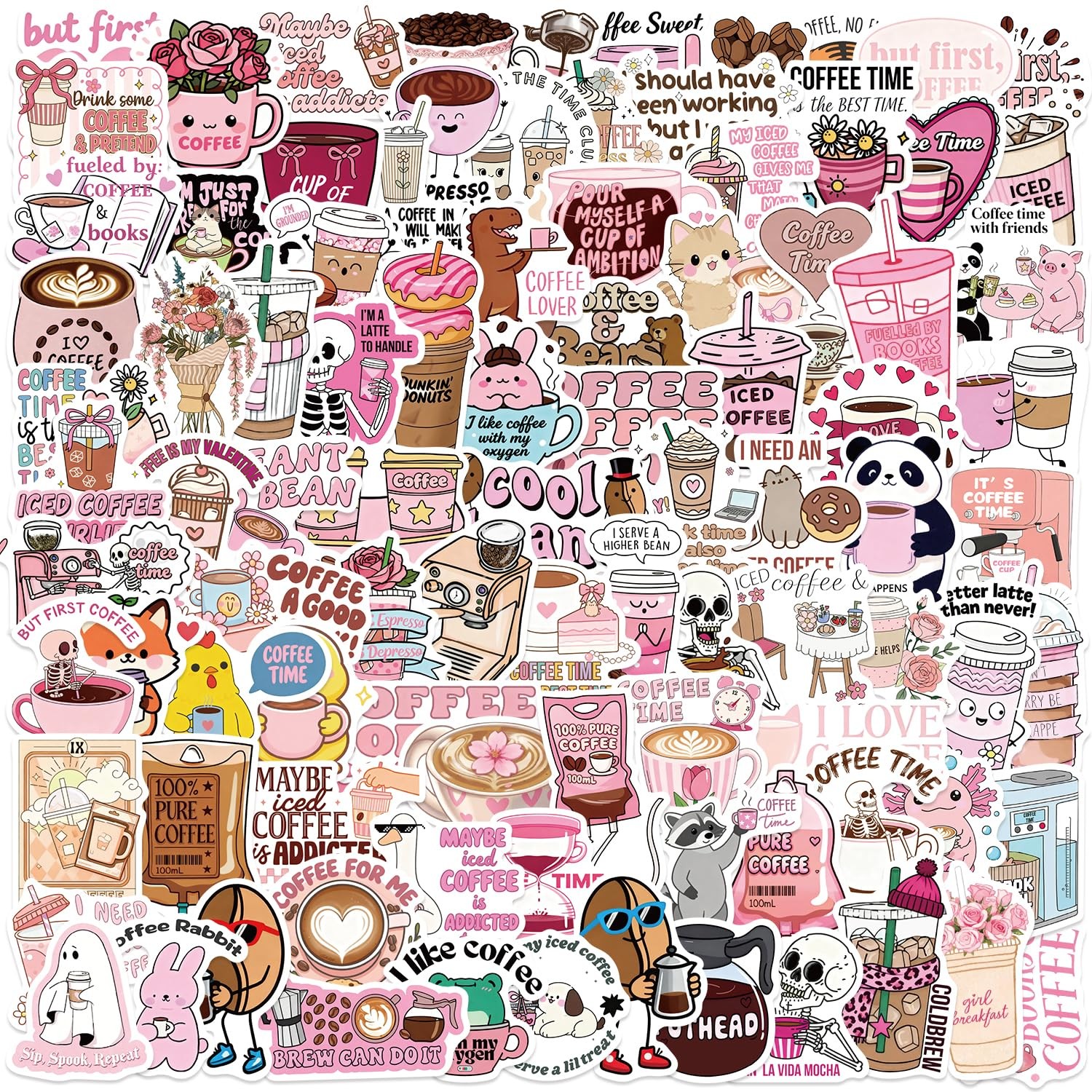 100PCS Funny Coffee Stickers, Waterproof Vinyl Decals for Water 1-3in, Pink