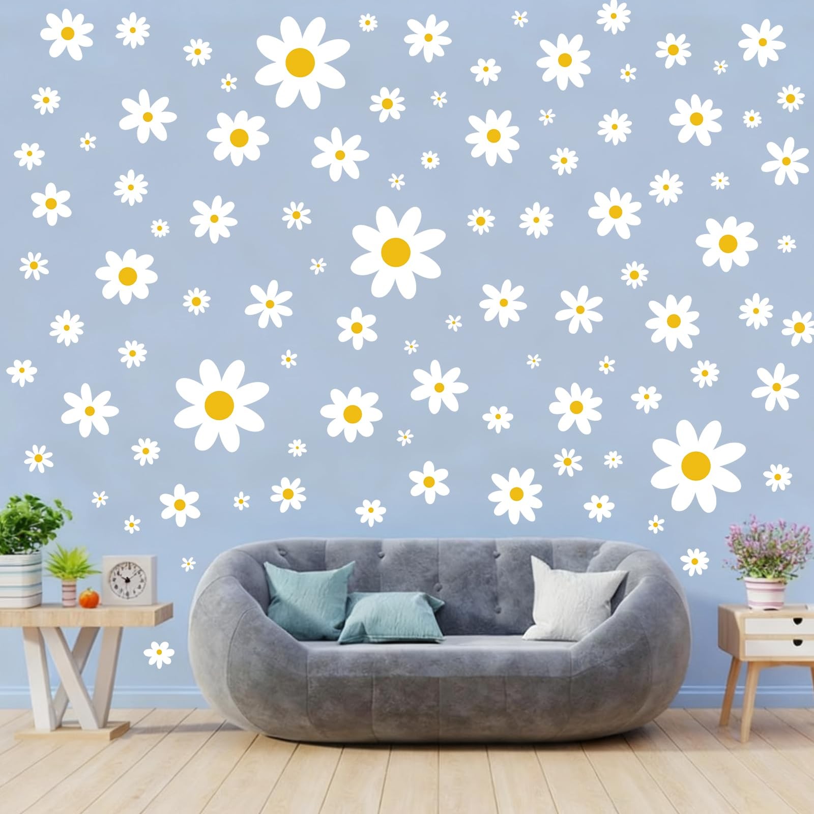 Daisy Wall Decal, 8 Sheets 96Pcs Daisy Flower Wall Stickers Peel and Stick Wh…