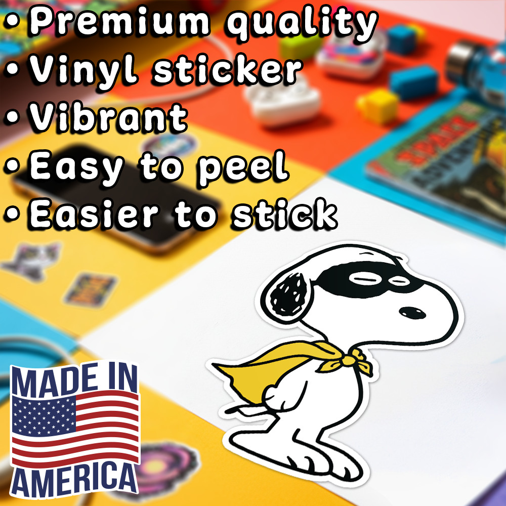 Peanuts Snoopy superhero with cape and mask, cute and colorful sticker 2.8" x 4"