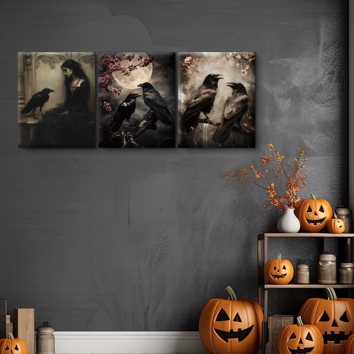 3Pcs Gothic Raven Halloween Wall Art Prints Creepy Dark Moody Crow Posters Artwo