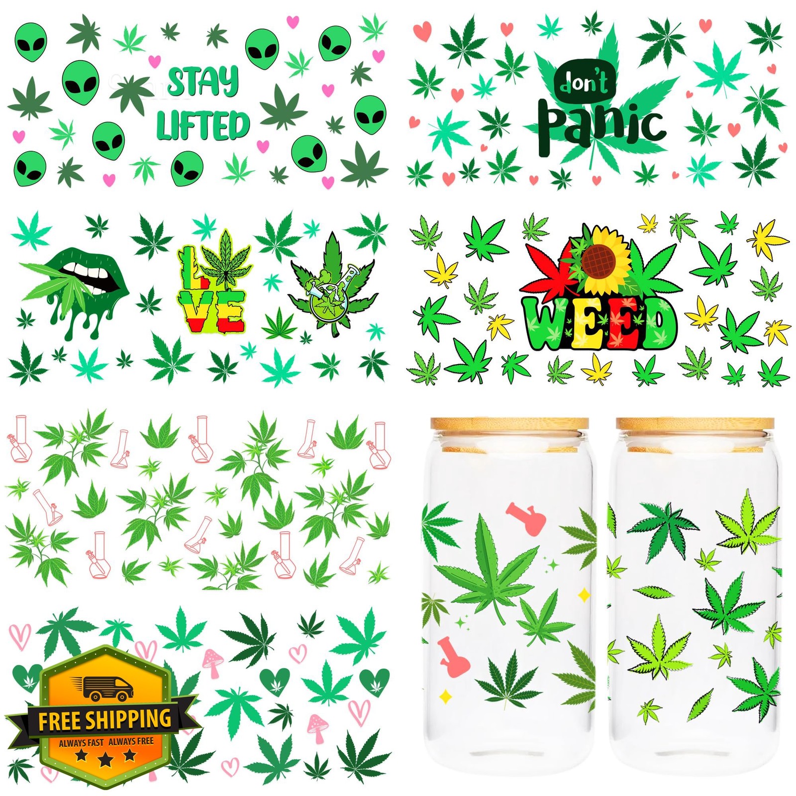 UV DTF Cup Wraps 8 Sheet Alien Leaf Tumbler Sticker Transfer 16oz Glass