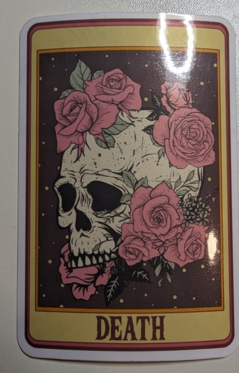 DEATH skull with roses flowers tarot 'card' die-cut printed vinyl sticker