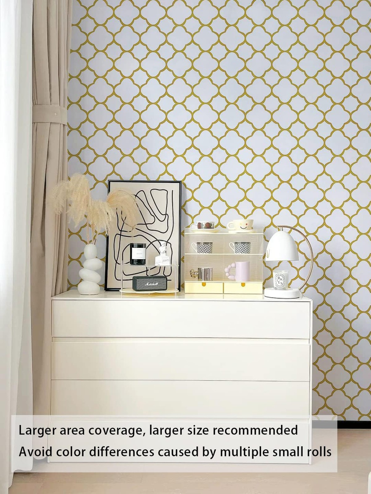 Safiyya 118"x17.7" Gold Peel and Stick Wallpaper White and Gold Pattern Conta…