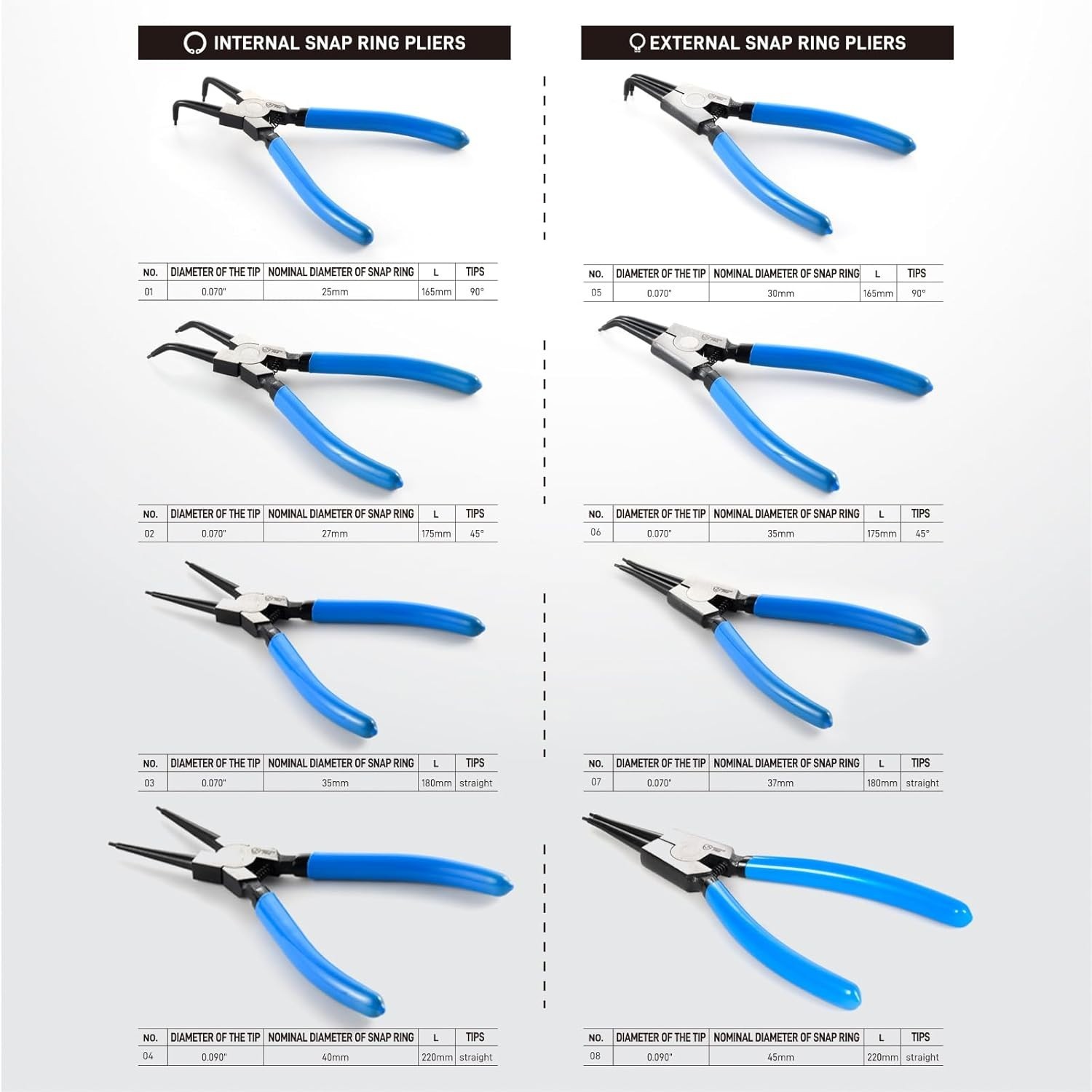 8-Piece Precision Snap Ring Pliers Set – 7" & 9" Internal/External Circlip Tools