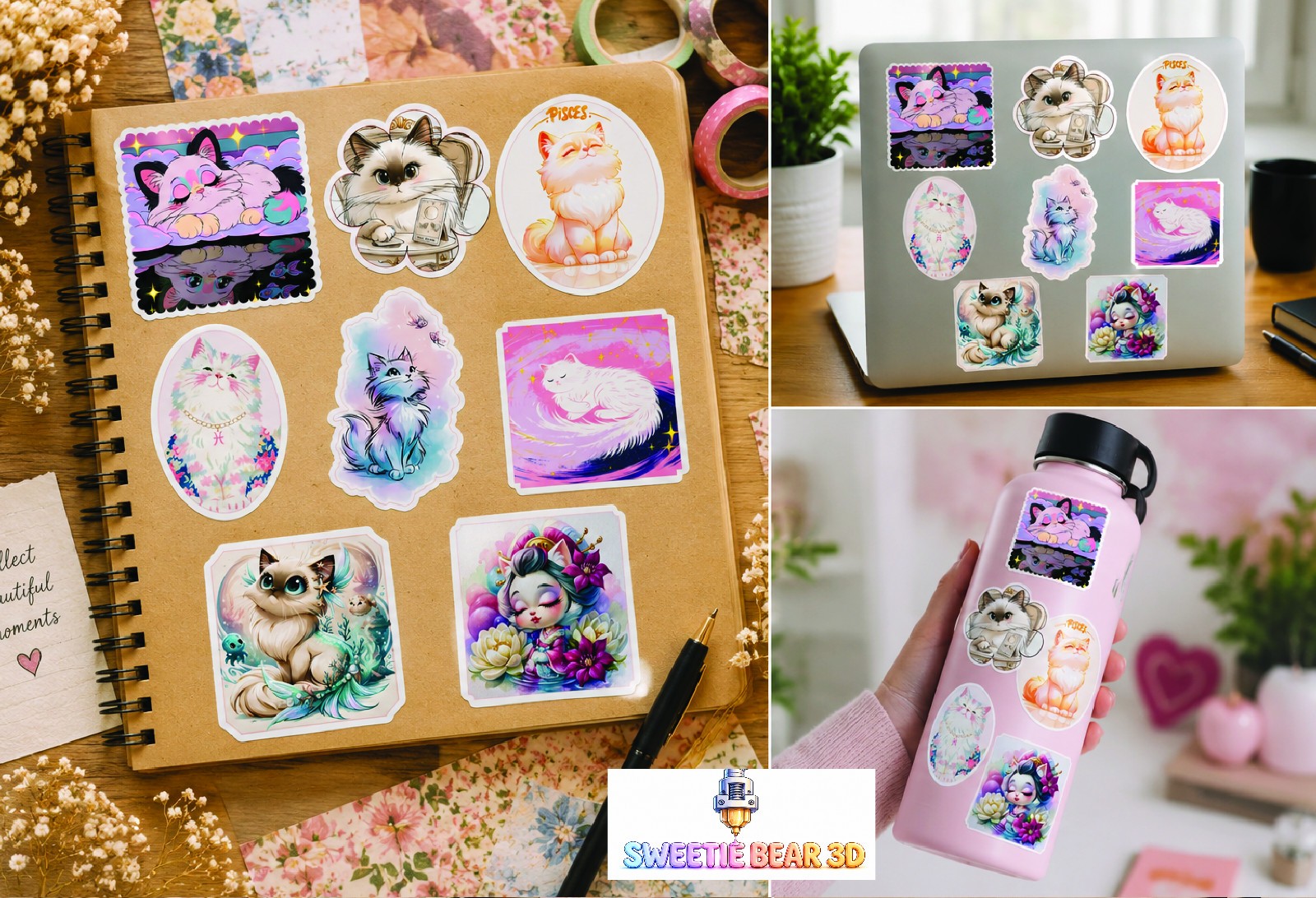 8 Pack Pisces Zodiac Cat Sticker Astrology For Pisces Sun Moon or Rising
