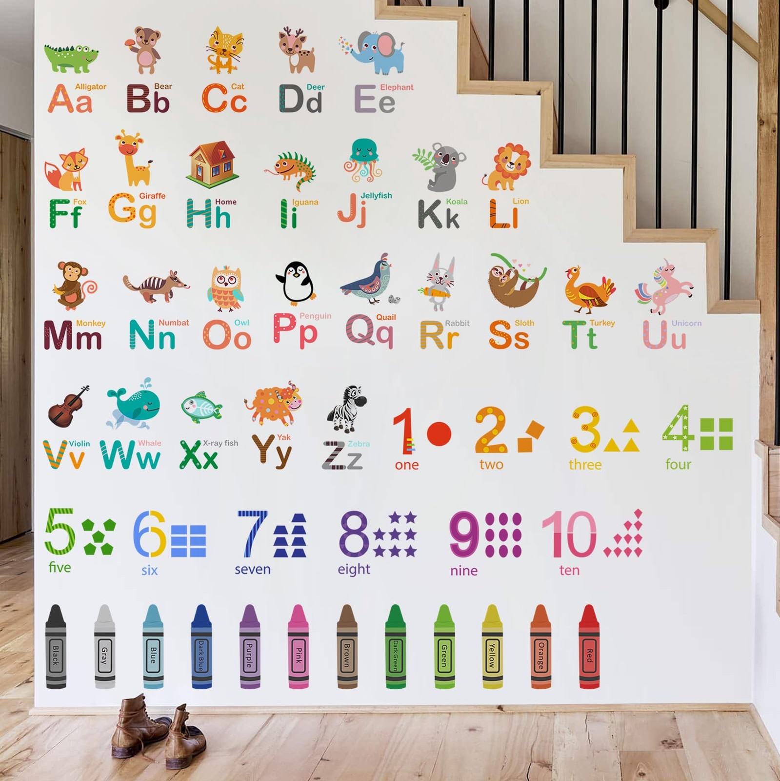 Animals Alphabet Numbers Wall Decals for Kids Room Colouring Pencils Wall Sti…