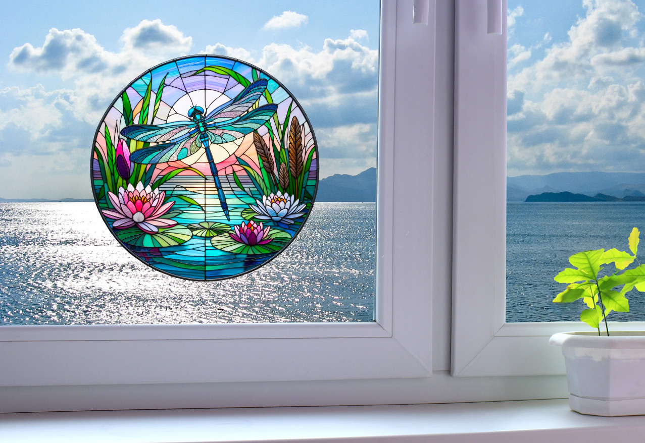 Dragonfly Water Lily Faux Stained-Glass WINDOW CLING Sun-catcher Size 8" Round
