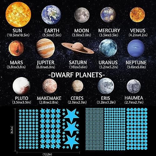 Glow in the Dark Solar System Wall Decals 780 Pcs Stars Planets Ceiling