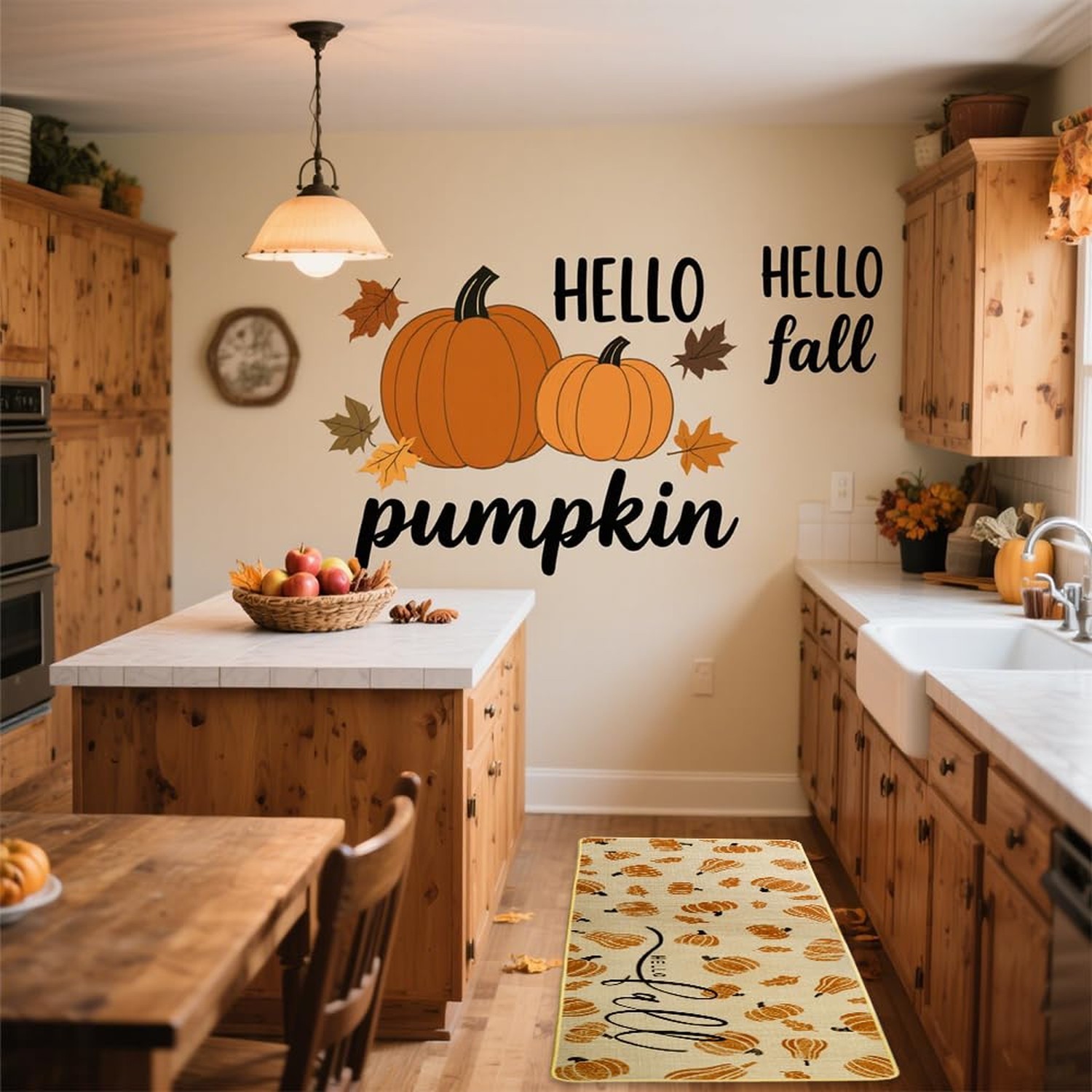 Hello Pumpkin Autumn Kitchen Rugs Set of 2,Hello Fall Leaves Low-Profile Holi…