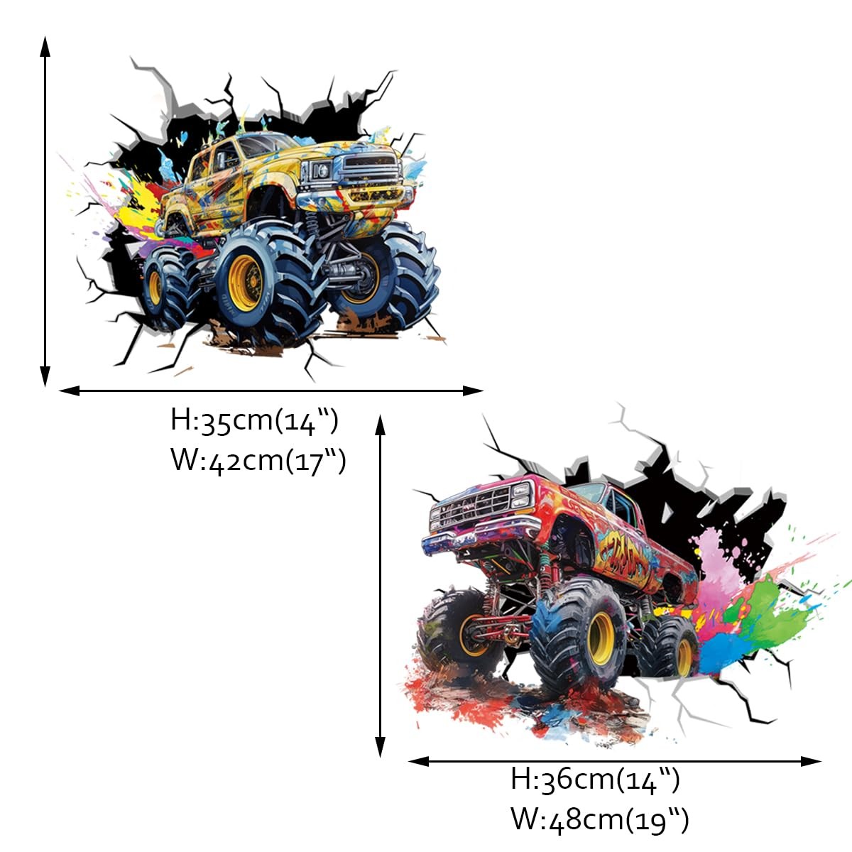 Large Monster Truck Wall Decals for Boys Room 3D Racing Car Wall Sticker Bedr…