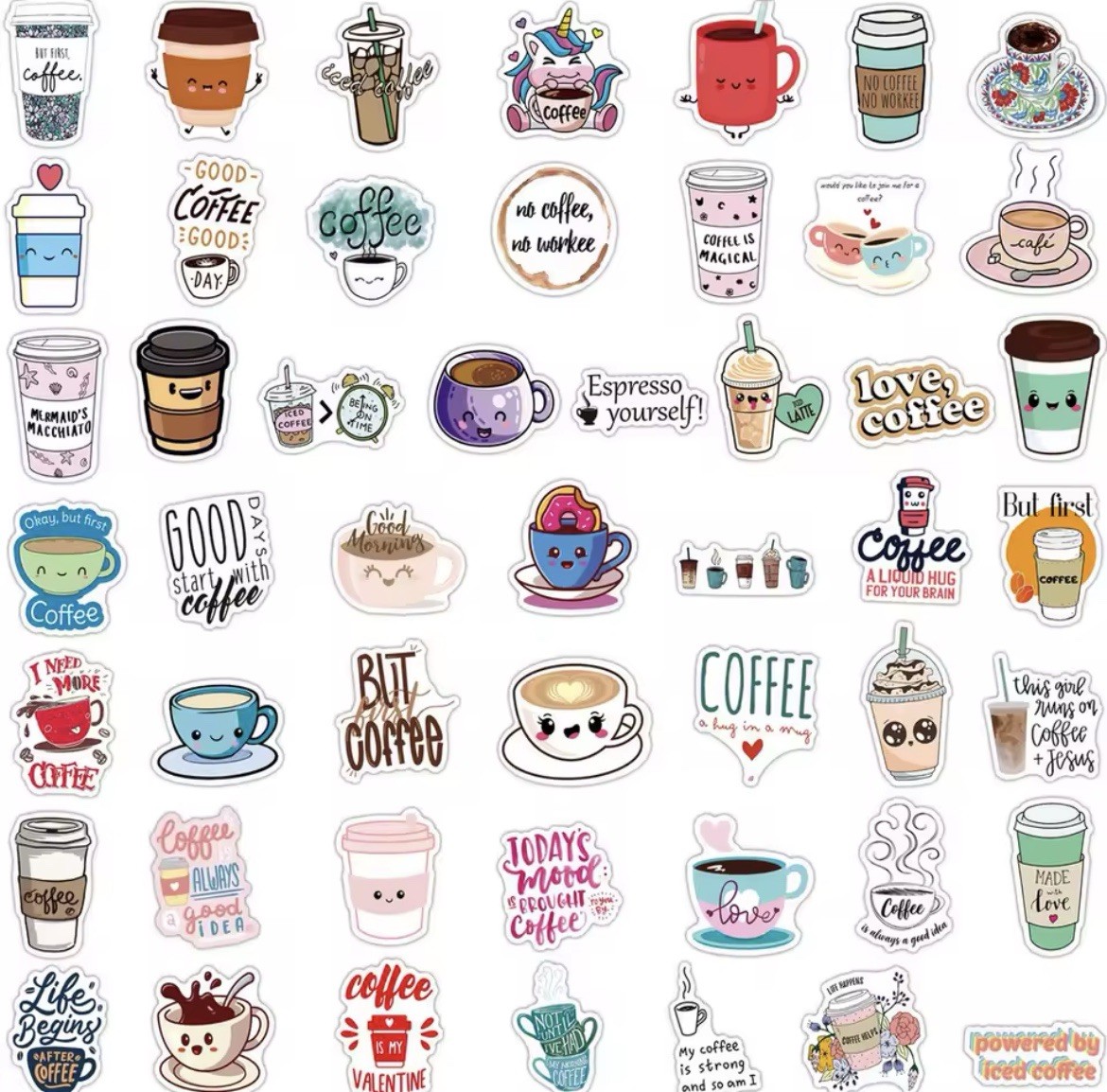 Coffee Fun Style Stickers 50pk Mixed Coffee Espresso Fun Stickers FREE SHIPPING
