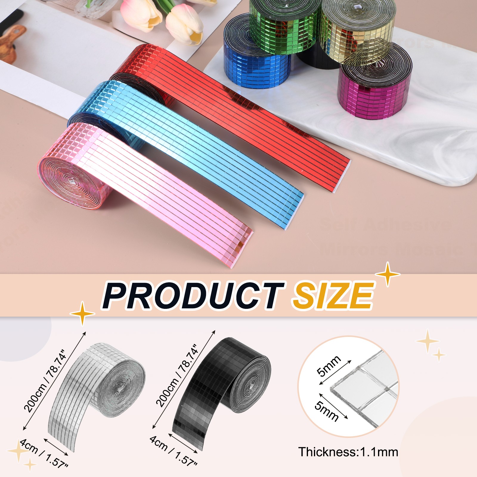 5x5mm Self Adhesive Mirrors Mosaic Tiles, 6400 Pcs Mosaic Sticker, Black Silver