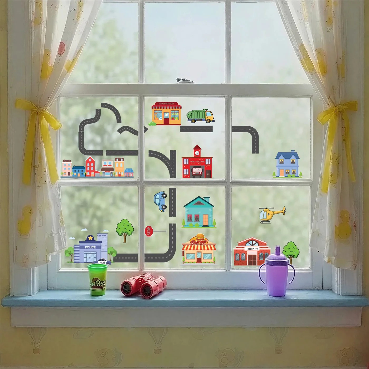 Road & Town Window Cling Set 35 Pc Cars Trucks Kids Static Clings Playroom