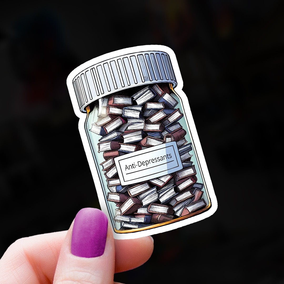 Funny Vinyl Sticker: "Anti-Depressents" Pill Bottle Books Decal