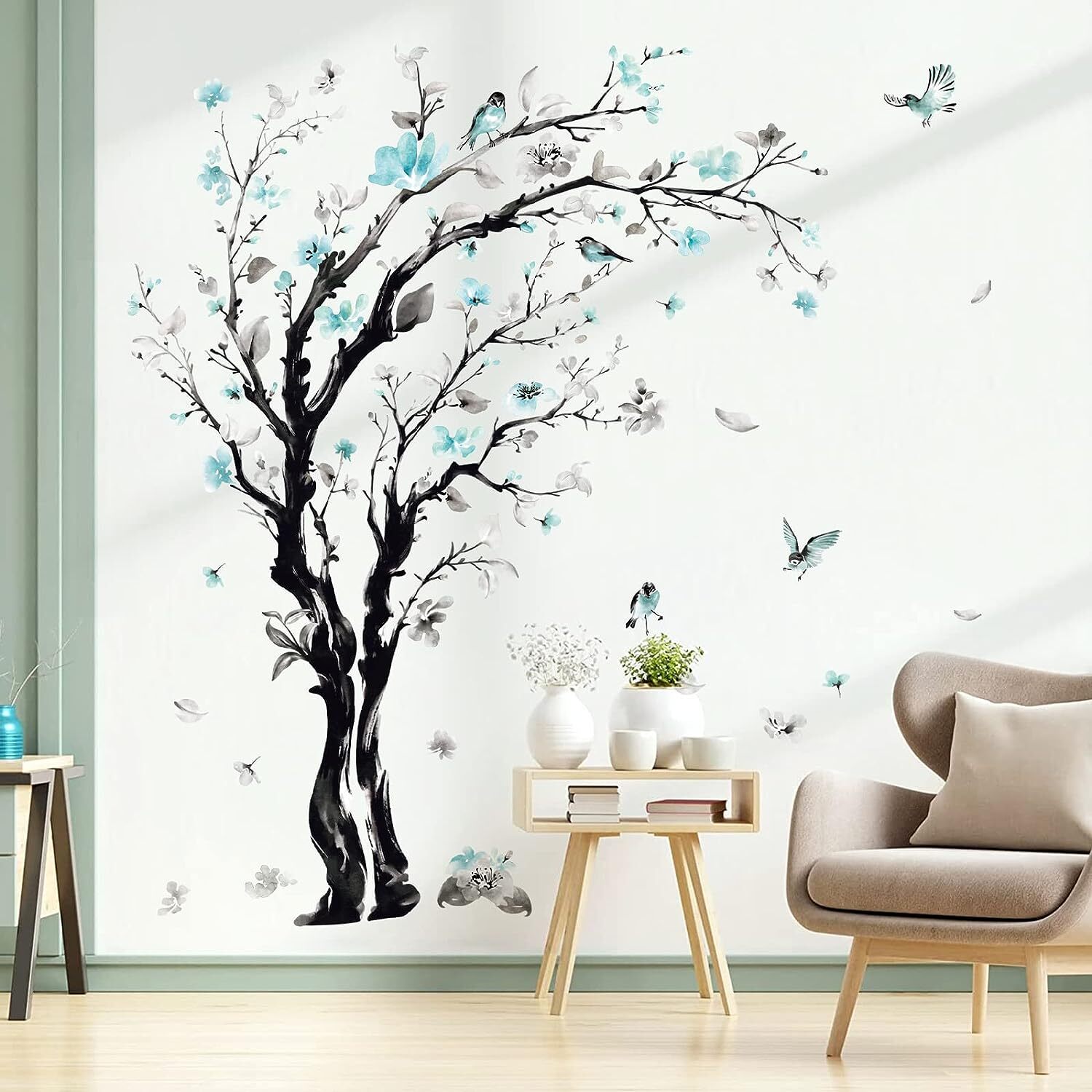 decalmile Large Watercolor Tree Wall Decals Blue Flower Branch Multi Color