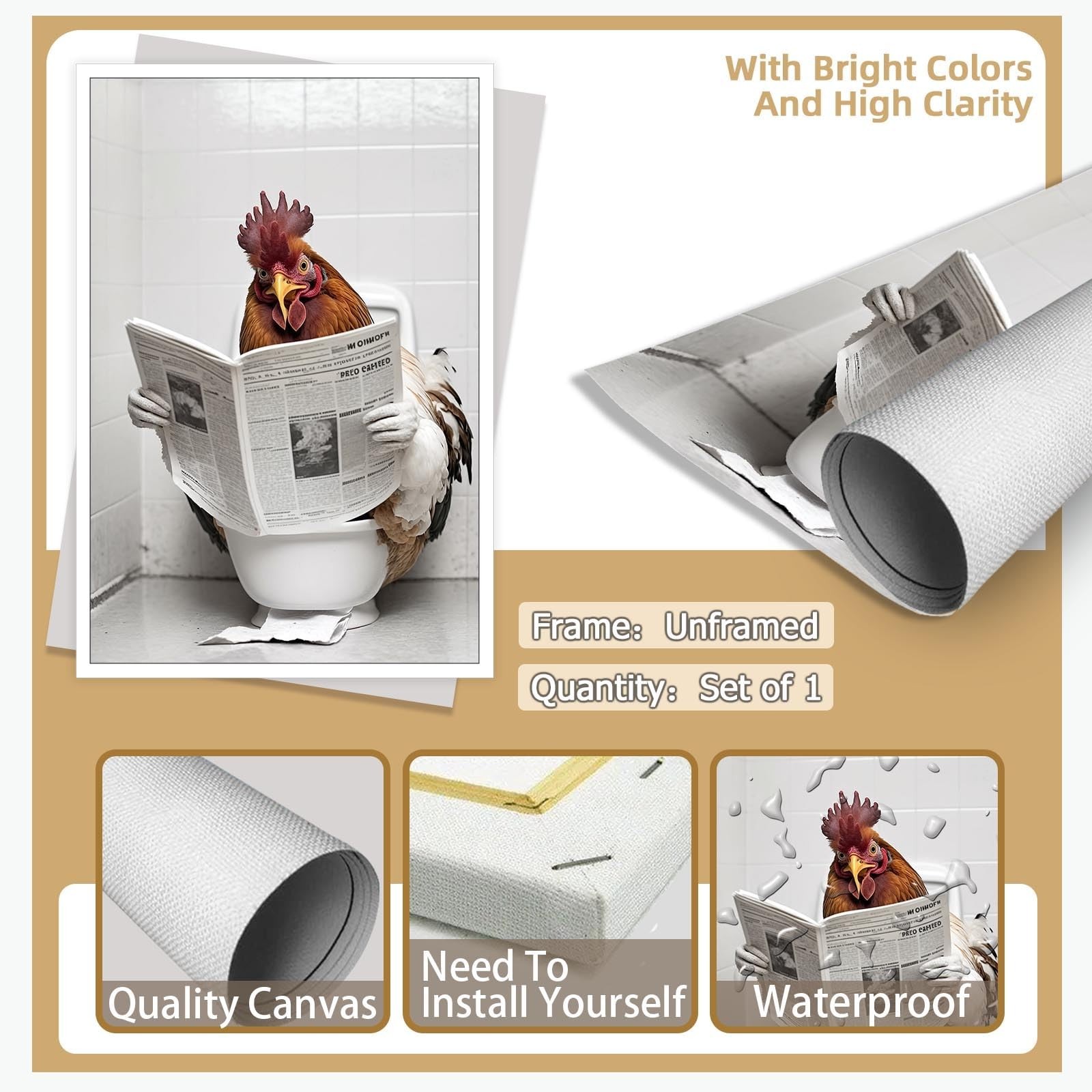 KOEUIRW Funny Chicken Bathroom Canvas Wall Art Cute Chicken In Toilet Posters…