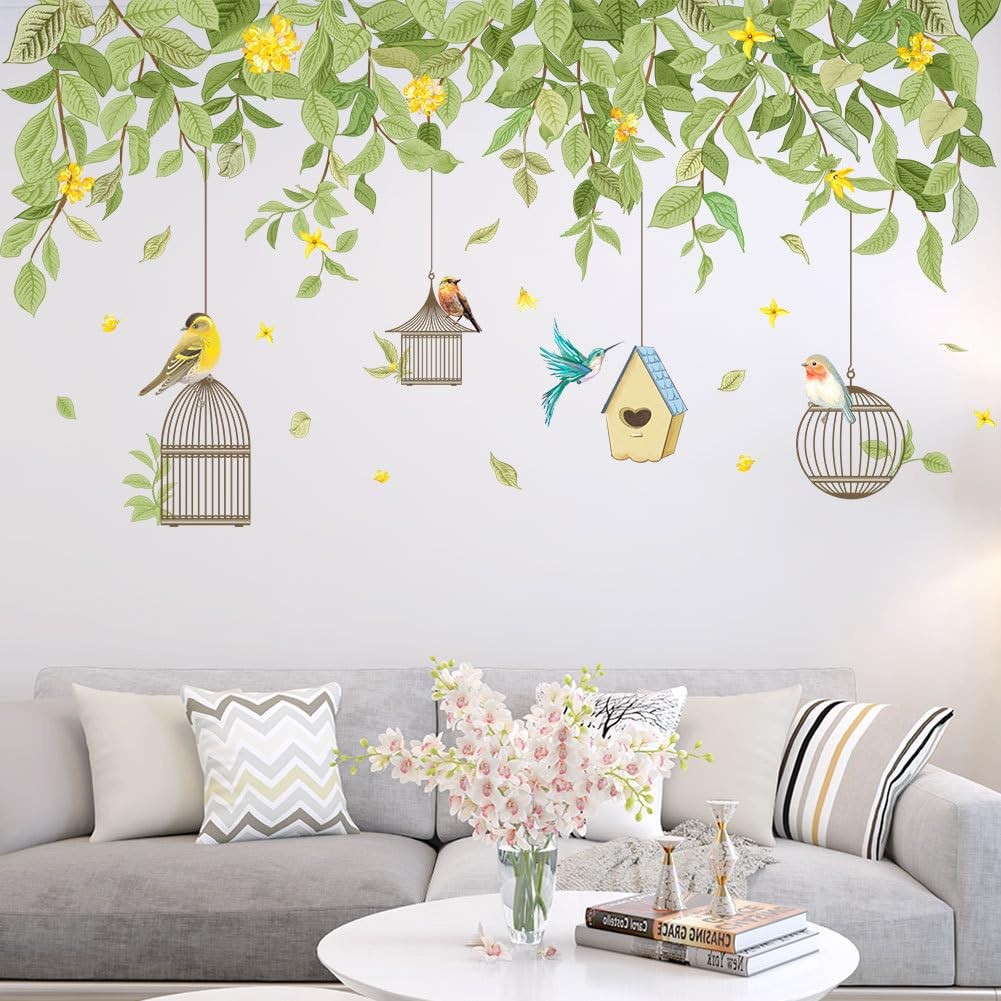 Hanging Green Leaf Wall Stickers Decor Yellow Floral Flower Leaves Bird Cage …
