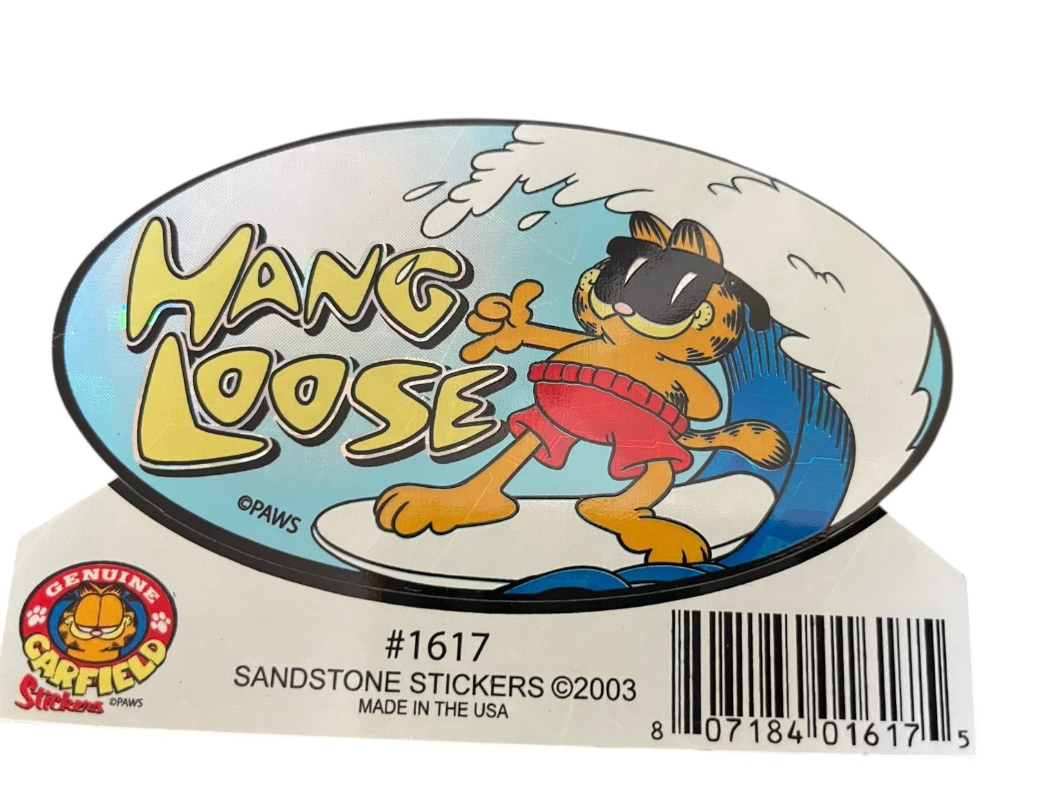 Garfield Hang Loose Surfing Sticker Sandstone Made USA 1617 Vintage 3.5×2"