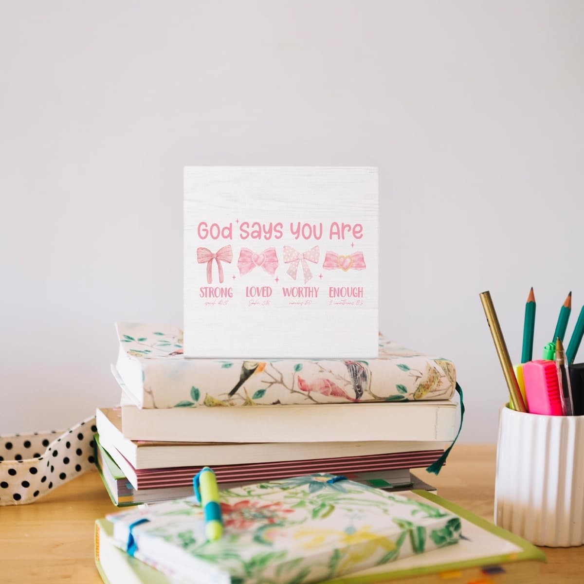 Chic Preppy Pink Bow Wooden Box Sign – Uplifting Bible Decor for Girls Rooms