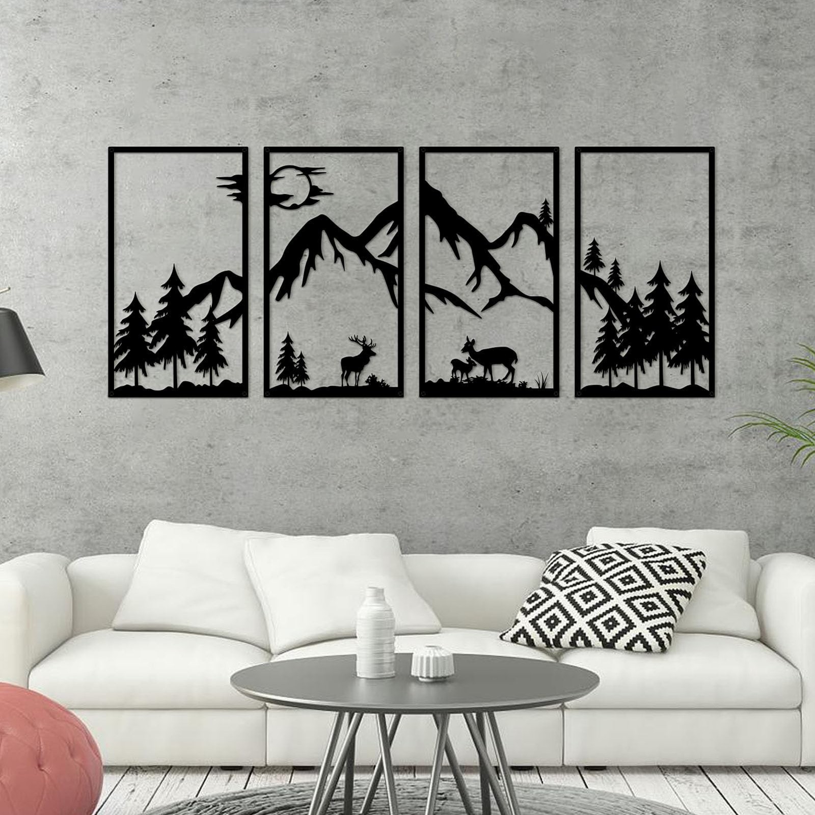 DUOOLN 4 Pcs Mountain Scene Metal Wall Decor, Black Line Drawing Wall Art, Ab…