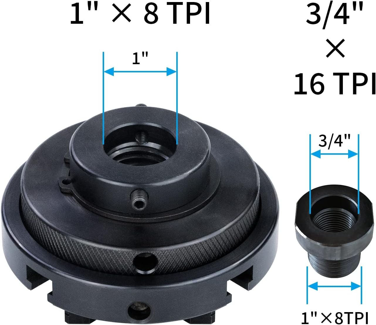 4 Inch Wood Lathe Chuck Set 1" x 8 tpi & 3/4"x16TPI Adapter, Self Centering 4 Ja