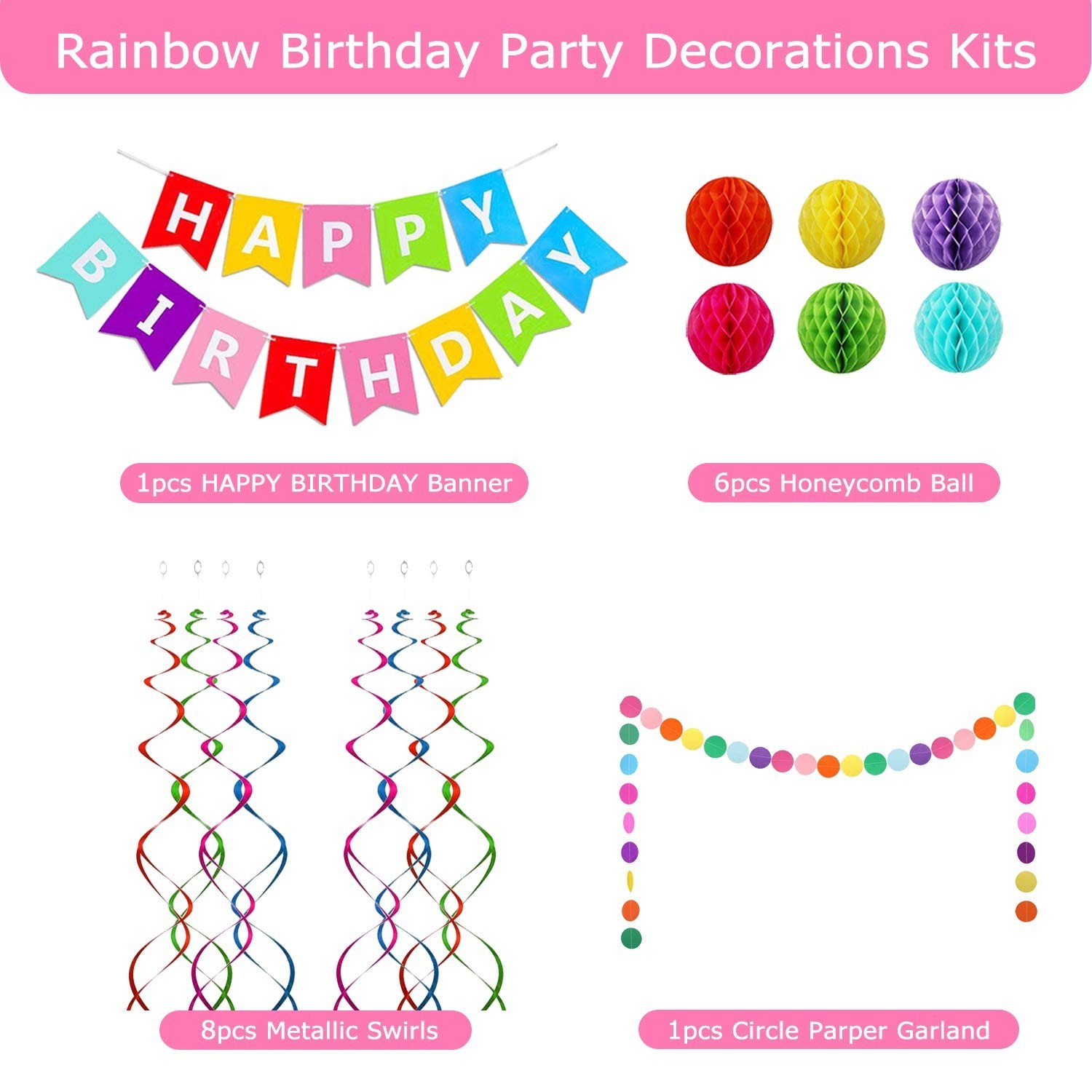 Happy Birthday Banner, Rainbow Birthday Banner, 6 Honeycomb Balls, 8 Metallic…