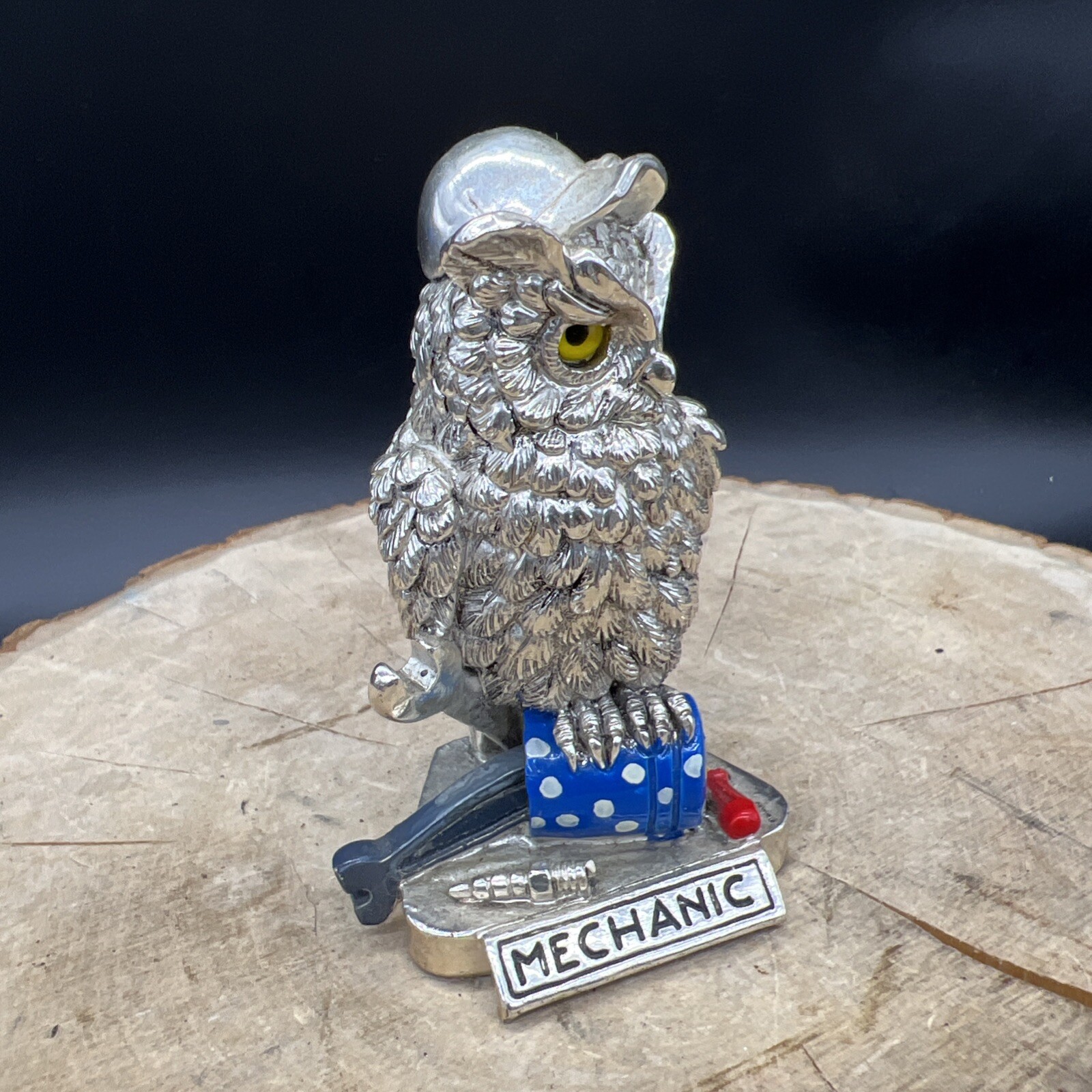 SILVER OWL ART DECOR with title MECHANIC 3.5in Tall Partially painted