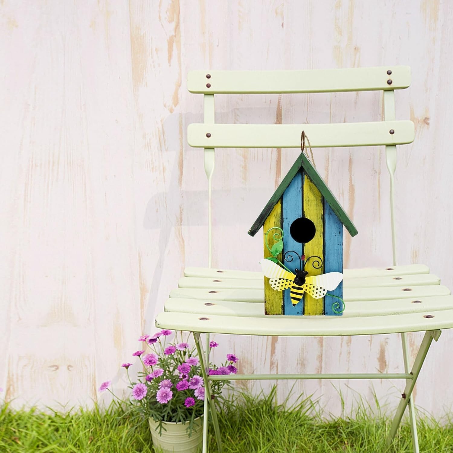 Wooden Decorative Birdhouse Hanging Bird House Hand Painted Birds Box Outdoor