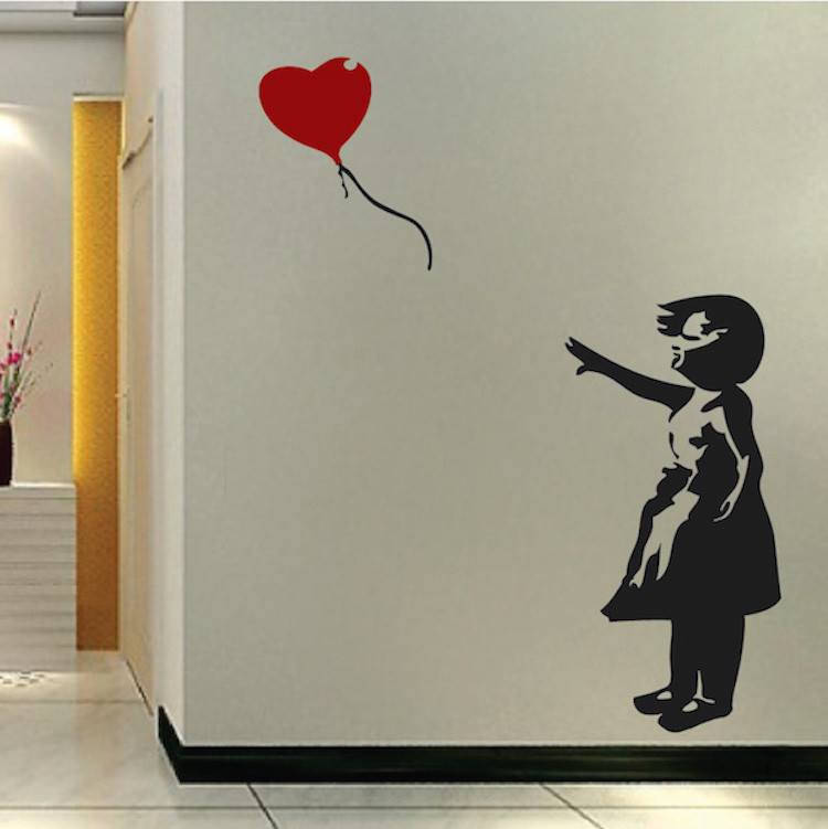 Heart Balloon Girl Wall Decal Modern Wallpaper Removable Artistic Vinyl Art, g46