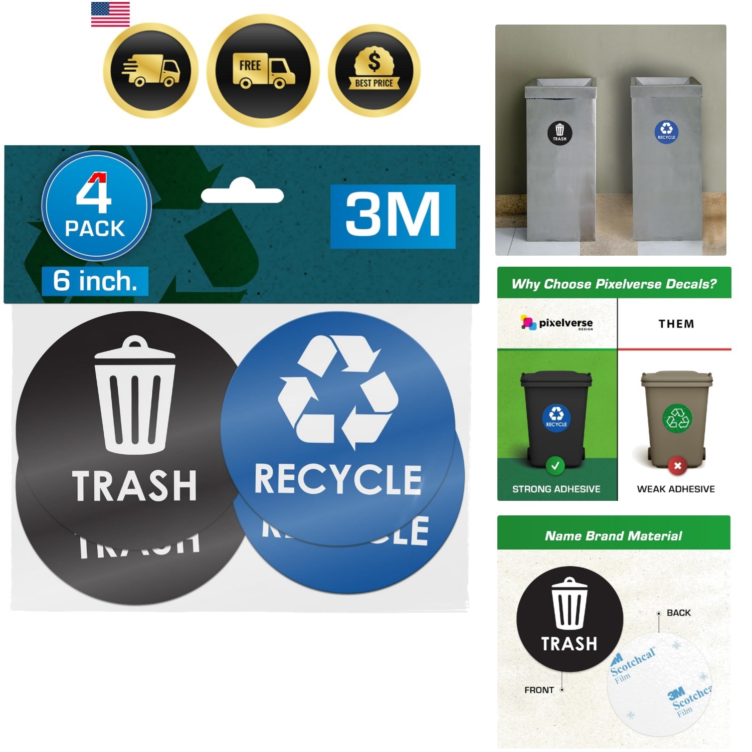 Recycle Stickers for Trash Bins – 6"x6" Round Decals, 4 Pack Set – Recycling …