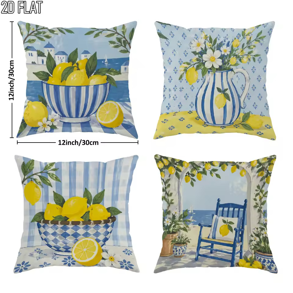 Set of 4 Mediterranean Lemon Pillow Covers – Blue & Yellow Italian Coastal Decor