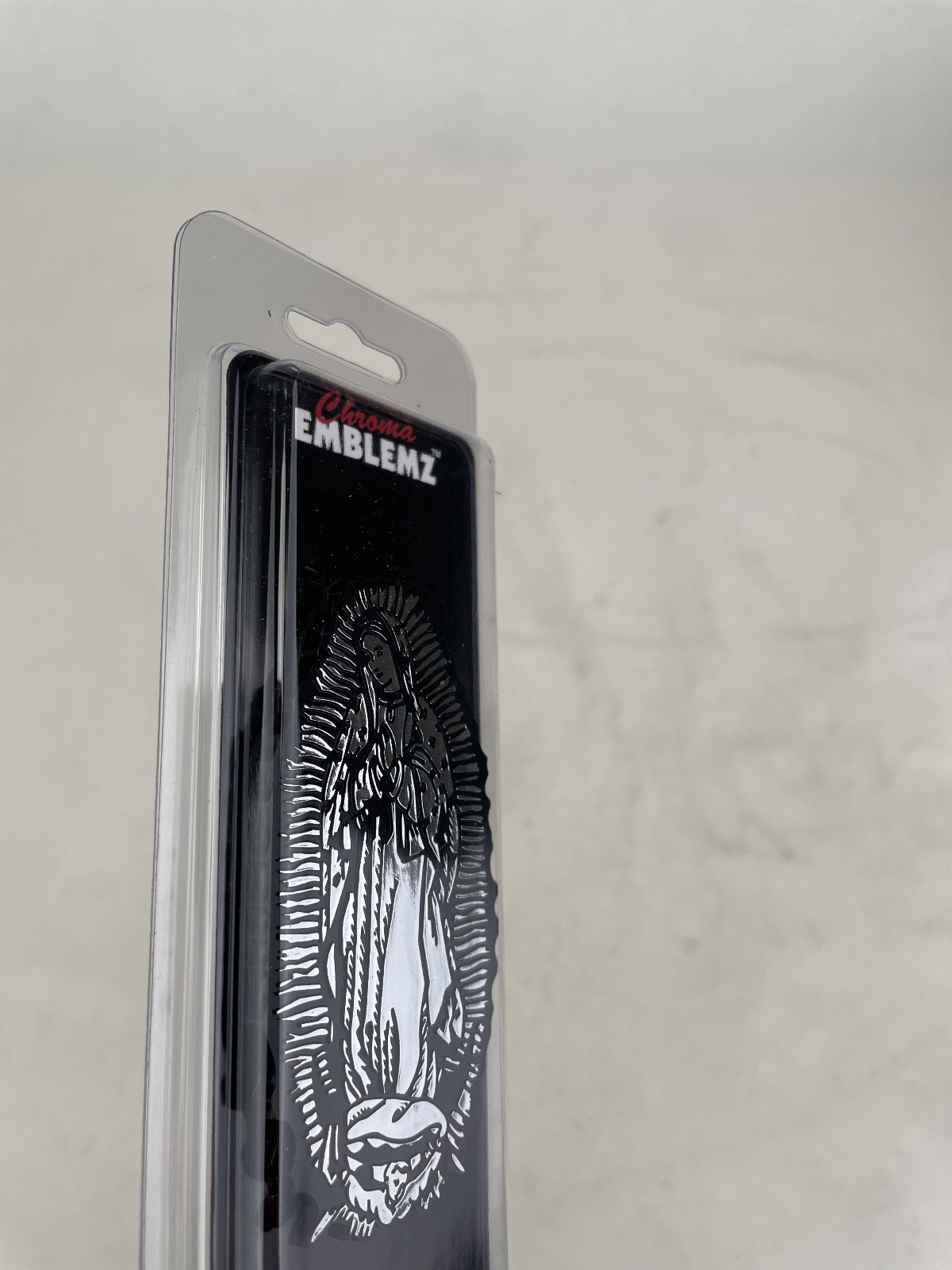 Plastic Emblem Decal Chrome Our Virgin of Lady of Guadalupe 2 Pak Set