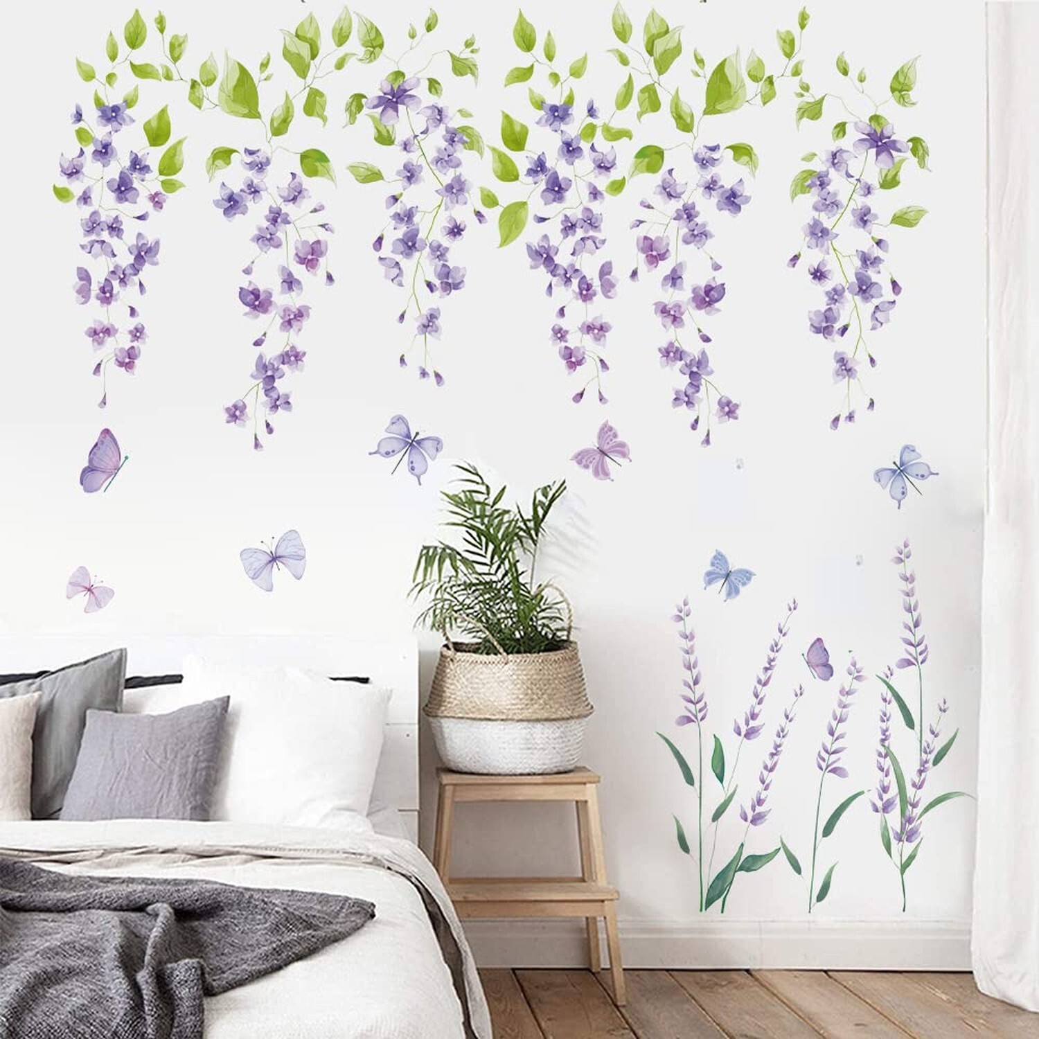 Runtoo Purple Flower Butterfly Wall Decals Hanging Lavender Floral Wall Stick…